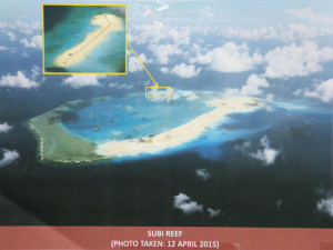 Supplied photo taken April 12, 2015 shows Subi Reef in the South China Sea, where China has continued reclamation work to build an airstrip. China is asserting sovereignty over most of the South China Sea, which is also claimed in whole or in part by Taiwan, Vietnam, Brunei, Malaysia and the Philippines. (Photo by the Philippine military)(Kyodo)